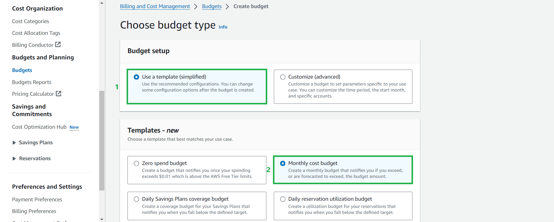 Budget Template Selection